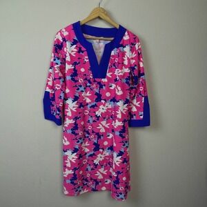Resort Fairycore Floral Shift Dress Womens M Pink Blue Notched Neck 3/4 Sleeve M